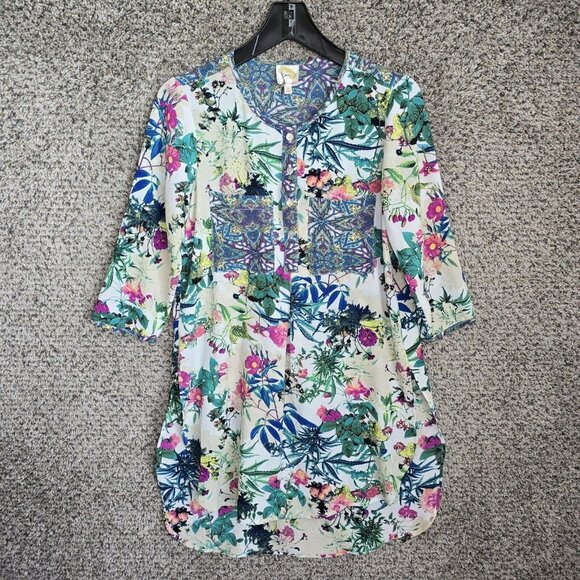 Fig &‎ Flower Top Womens Small Oversized Tunic Side Slit Floral Print Semi Sheer - Picture 1 of 7